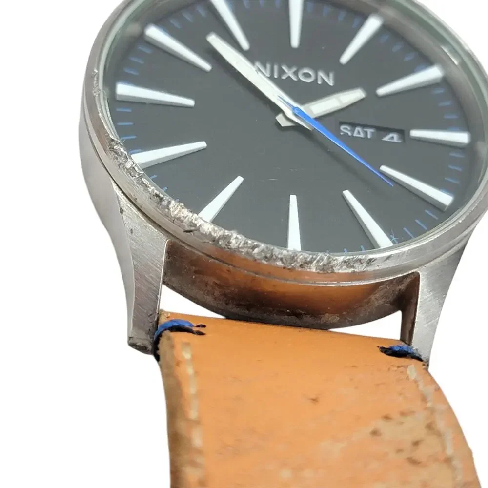 Nixon The Sentry Watch Mens Stainless Steel Leather Band Day Date Black Dial